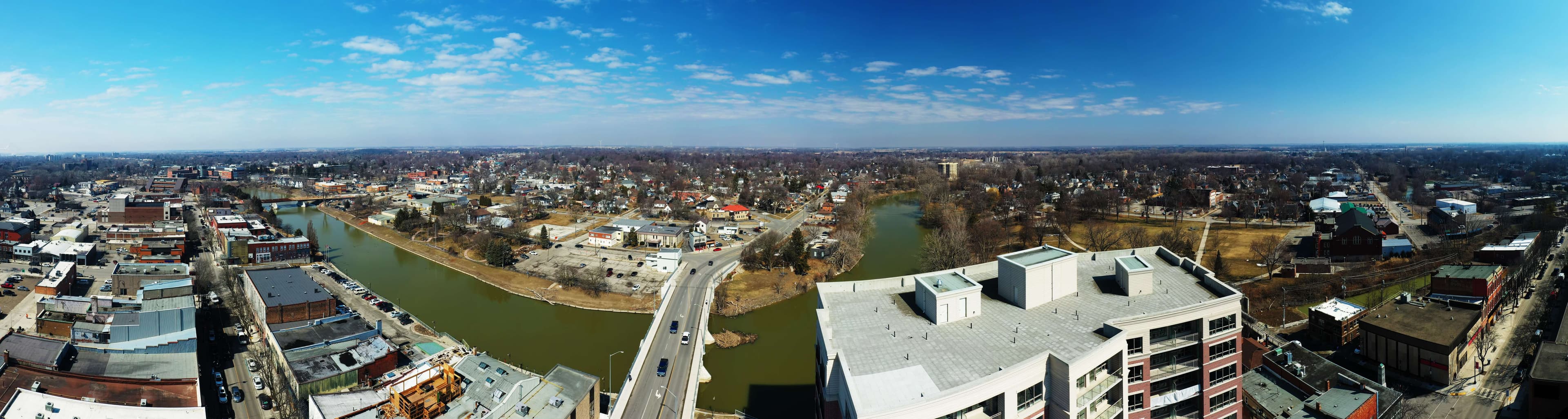 Aerial view of downtown Chatham-Kent and the Thames River
